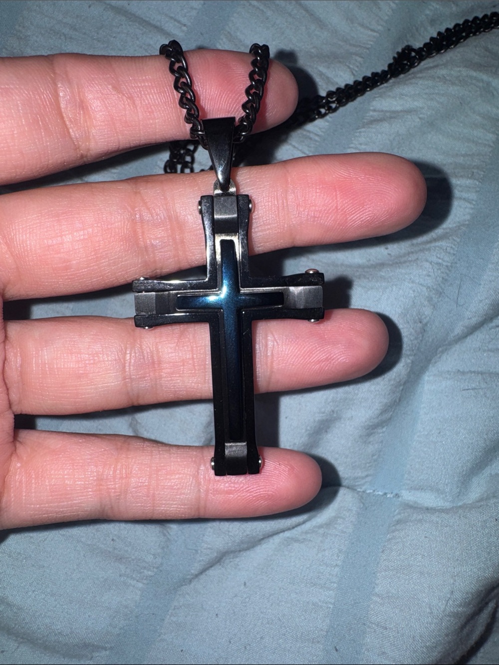 Men's Stacked Cross Pendant Necklace Blue/Black - Picture 5 of 6